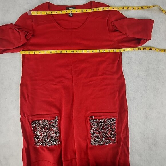 Alfani Red Ruched 3/4 Sleeve Beaded Front Cotton Blend Tunic Sweater Size Large - Picture 8 of 11